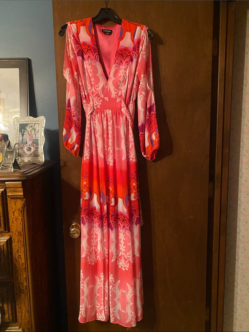 bebe Pink and Red Printed Long Sleeve Maxi Dress